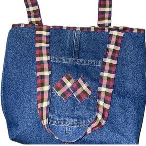 Handmade Denim Women’s Tote Bag Double Handle Red White Blue Plaid Inner Design